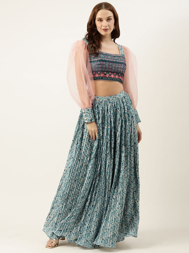 Bollywood Vogue Ready To Wear Cream N Blue Printed Chinon Skirt Set