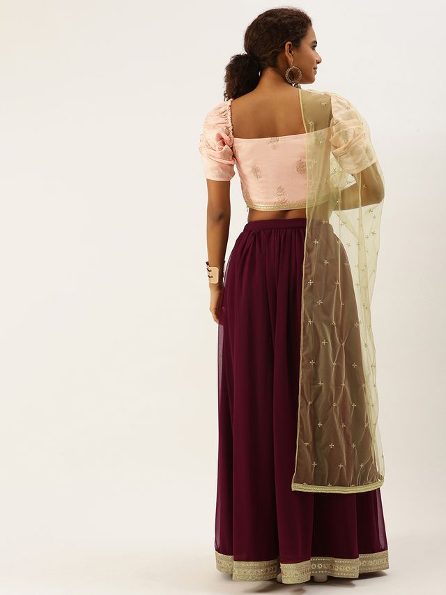 Bollywood Vogue Ready To Wear Pink Jacquard N Burgundy Georgette Lehenga