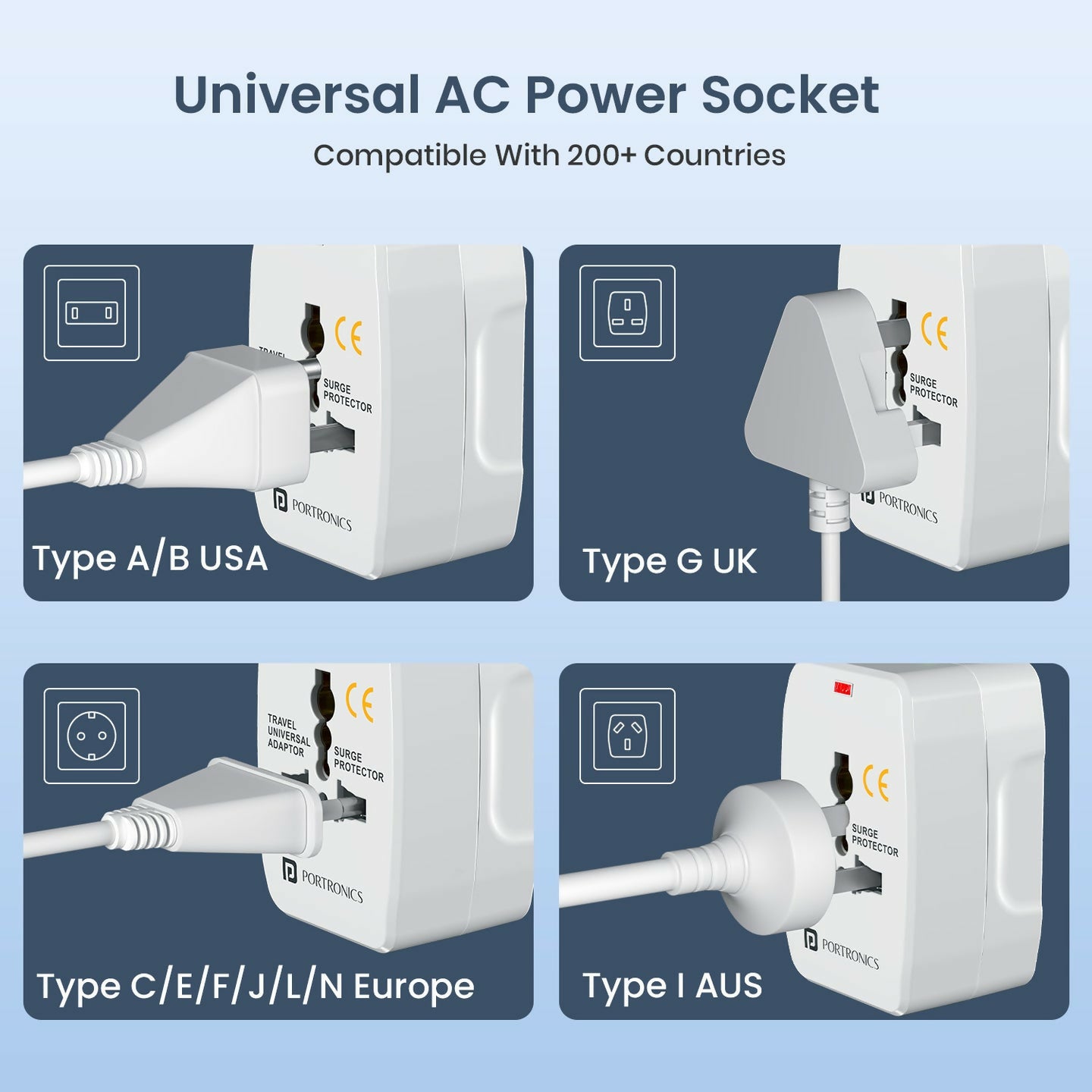 Portronics Juicemate Go Universal Travel Adapter with 6A AC Socket, Universal Outlet, International Travel Plug for USA, UK, EU, Australia & 150+ Countries – White