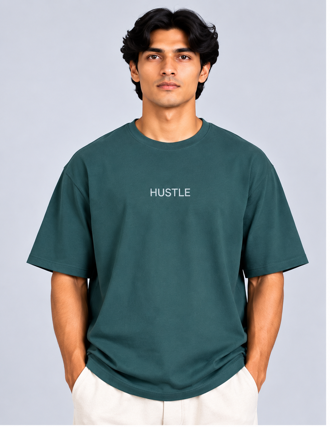 HUSTLE Men's Crew Neck Oversized T-Shirt – Crystal Teal
