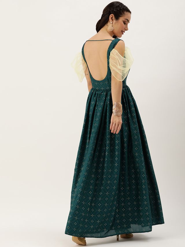 Bollywood Vogue Ready To Wear Teal Green Art Silk Foil Printed Gown