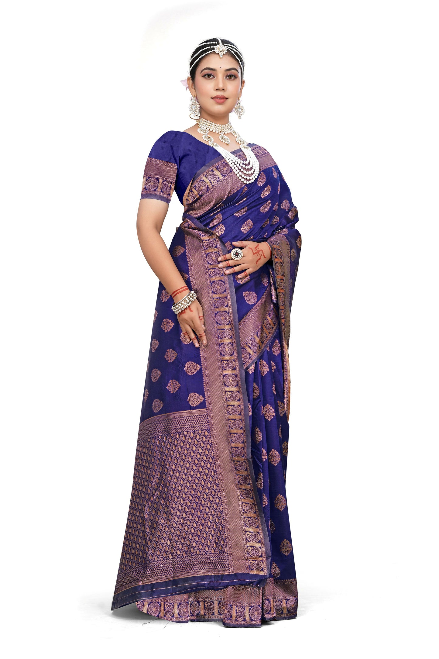 AXONIT Royal Blue Banarasi Silk Saree with Heavy Golden Zari Border & Pallu