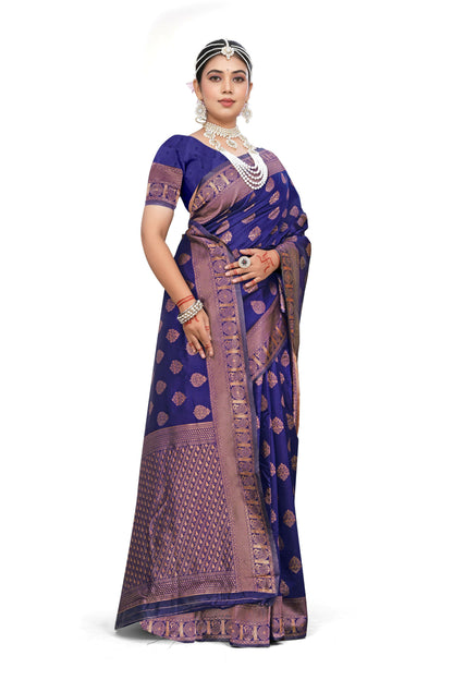 AXONIT Royal Blue Banarasi Silk Saree with Heavy Golden Zari Border & Pallu