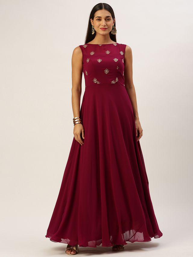 Bollywood Vogue Ready To Wear Magenta Georgette Embroidered Boat Neck Gown