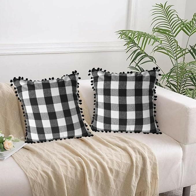 Lushomes Square Cushion Cover with Pom Pom, Cotton Sofa Pillow Cover Set of 2, 24x24 Inch, Big Checks, 60x60 cm, Multi-color) - HalfPe