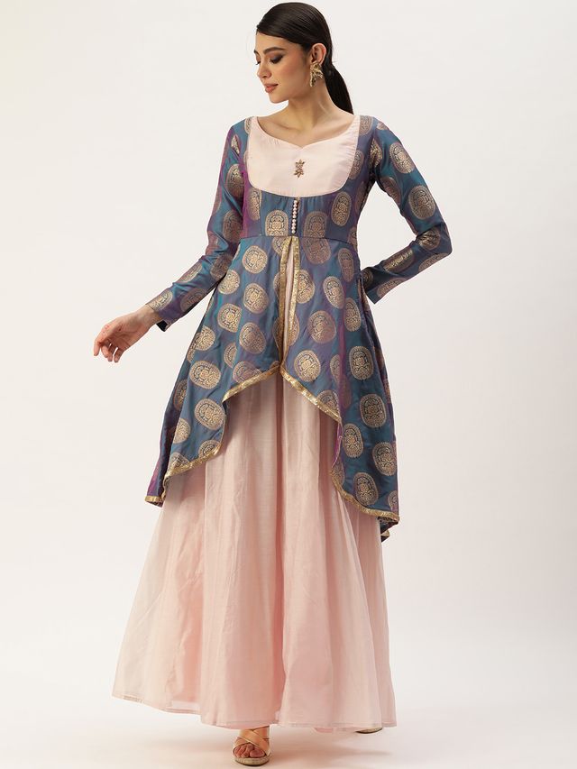 Bollywood Vogue Ready To Wear Peach N Blue Jacquard Layered Gown
