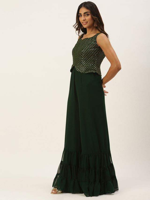 Bollywood Vogue Ready To Wear Green Georgette Sequins Jumpsuit