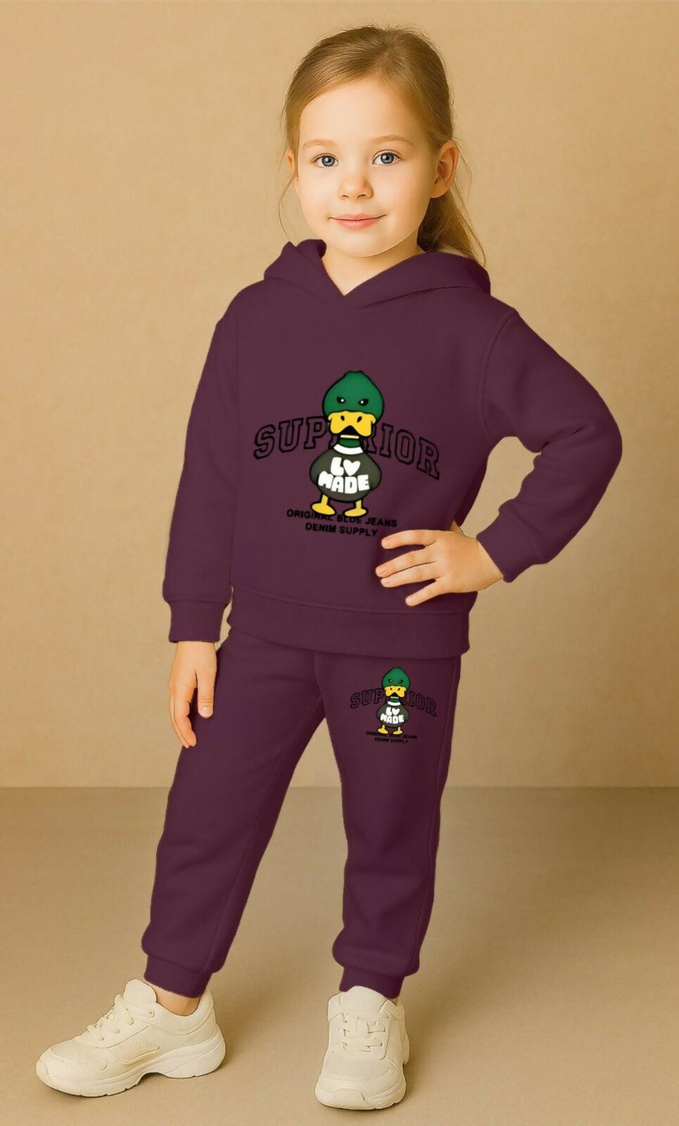 Premium Girls' Maroon Winter Tracksuit – "Superior Duck" Printed Hoodie and Matching Jogger Set Luck Fashion
