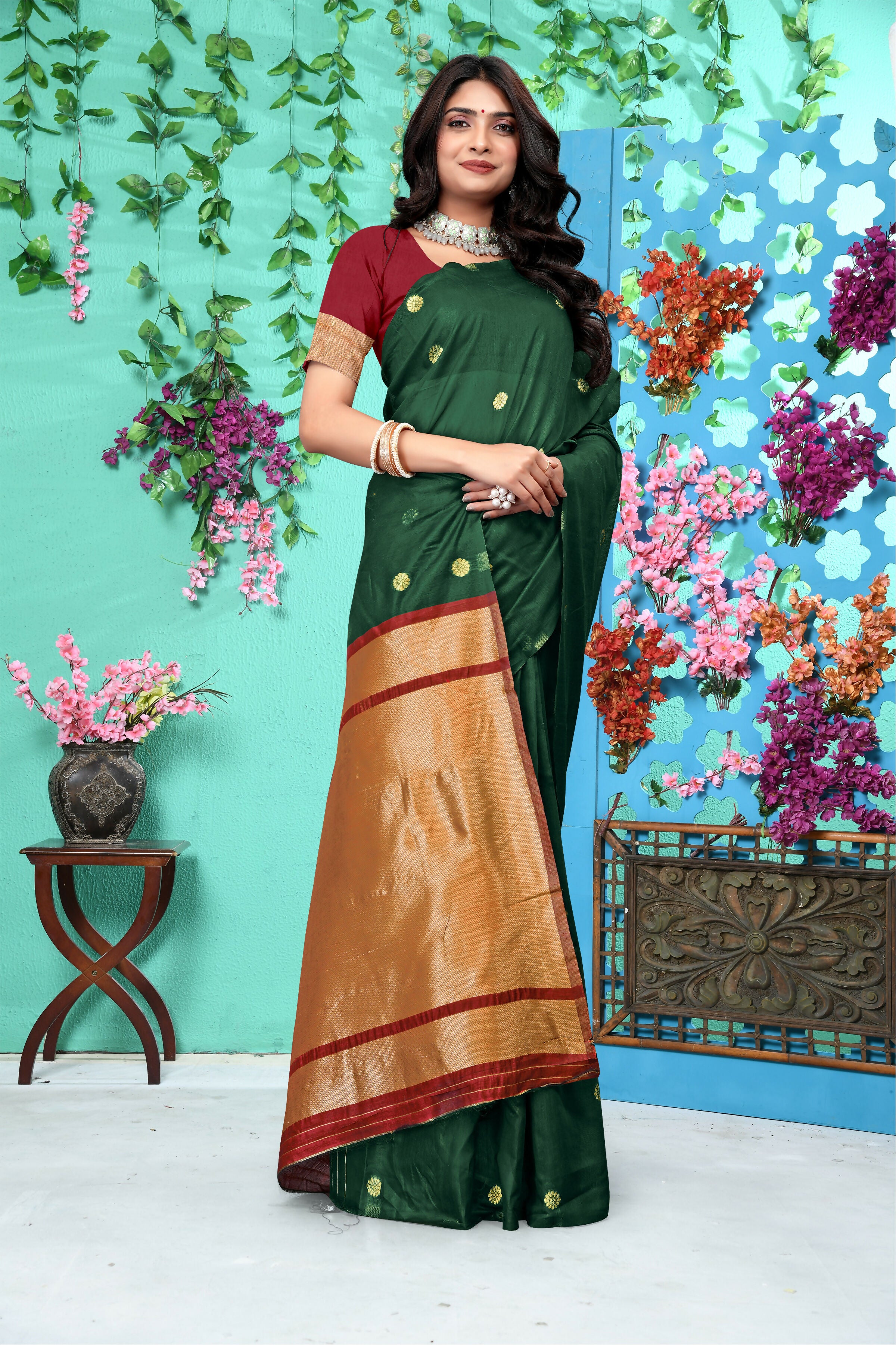 AXONIT Emerald Heritage Emerald Green Jacquard Silk Saree with Gold Zari