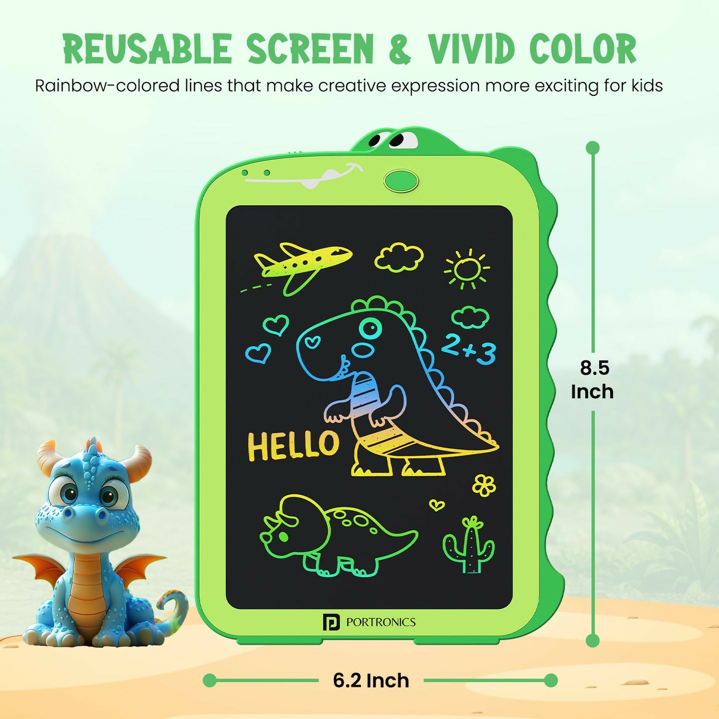 Portronics RUFFPAD DINO 8.5 Multicolor LCD Writing Tablet with One-Tap Erase, Dinosaur Design, Eye-Safe Screen – Green