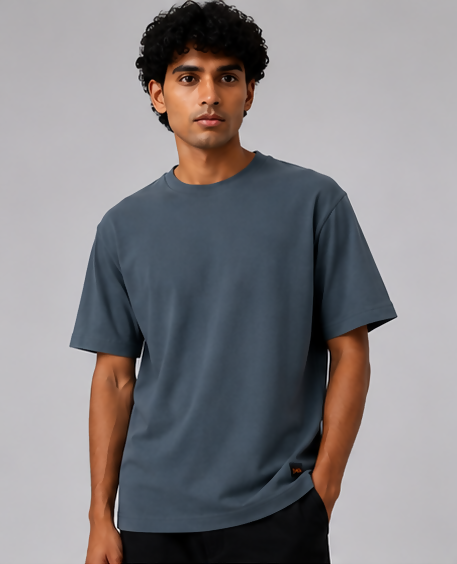 HUSTLE Men's Crew Neck Oversized Fit T-Shirt – Slate Blue(Over Sized Fit)