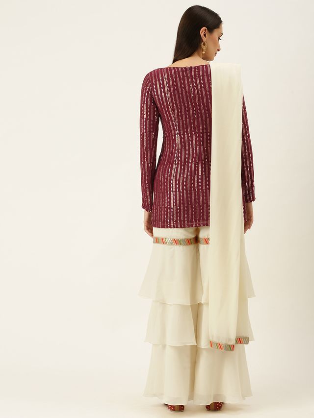 Bollywood Vogue Ready To Wear Off White N Maroon Embroidered Layered Gharara Suit