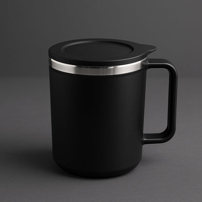 Apex Happy Mug with Silicone Lid – 400 ml with Double Wall Insulated Travel Mug (Black)