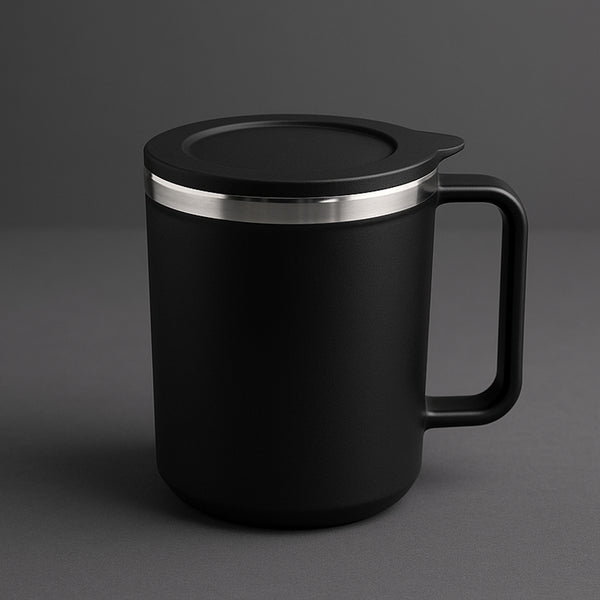 Apex Happy Mug with Silicone Lid – 400 ml with Double Wall Insulated Travel Mug (Black)