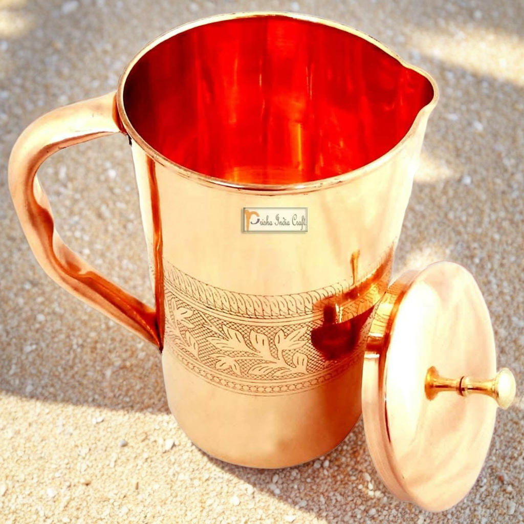 Prisha India Craft Embossed Design Pure Copper Water Jug Pitcher, Drinkware Set, 1500 ML