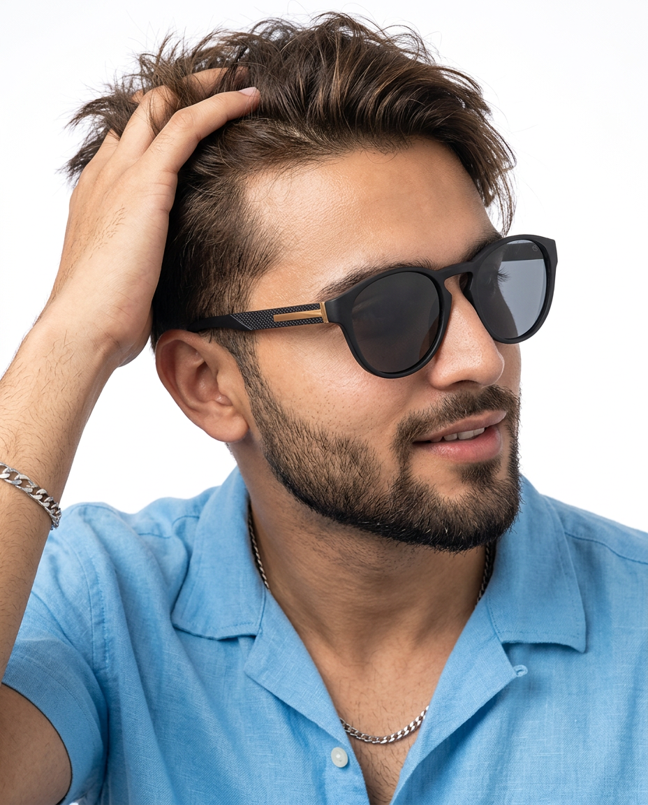 Eyejack Black Round Sunglasses for Men and Women - Style 1047 - worn by a male model (image 1)