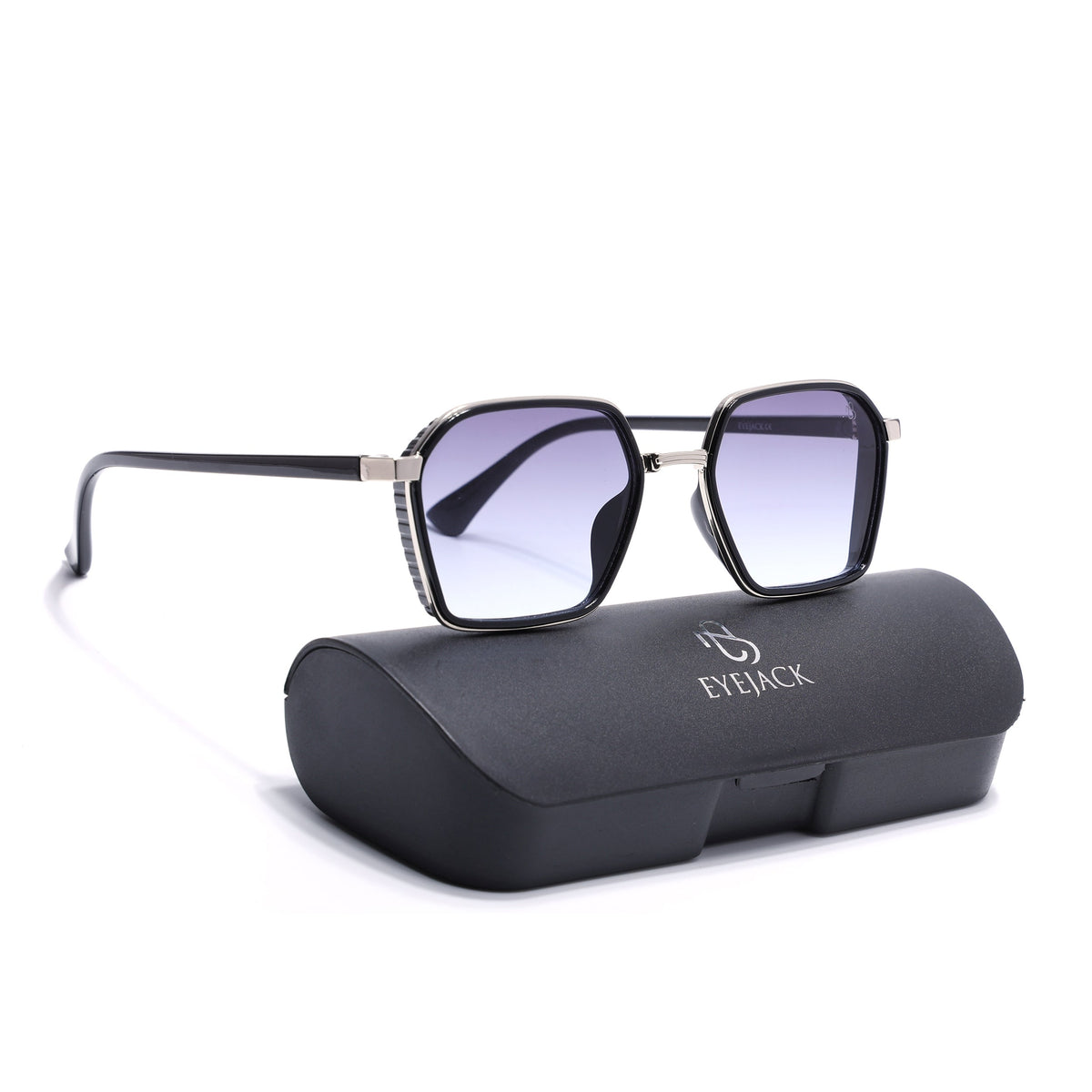 Eyejack Silver & Black Hexagonal Sunglasses for Men and Women - with box packaging