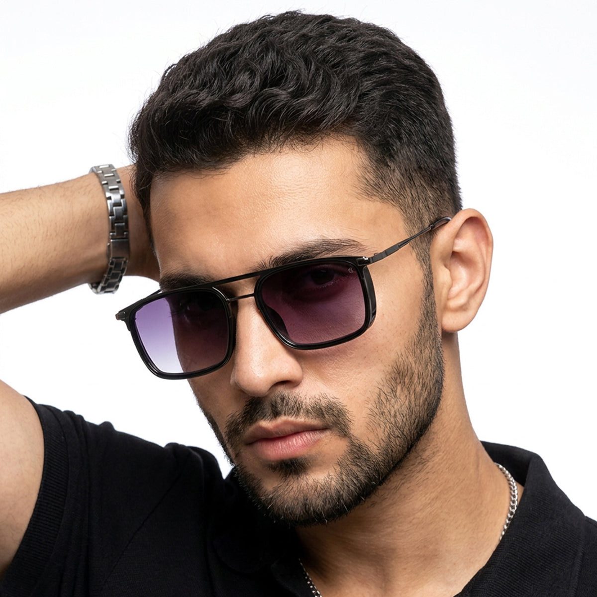 Eyejack Dark Grey Rectangle Sunglasses for Men and Women - worn by a male model (image 1)