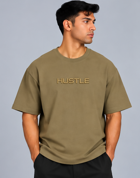 HUSTLE Men's Crew Neck Oversized Tees - Khaki