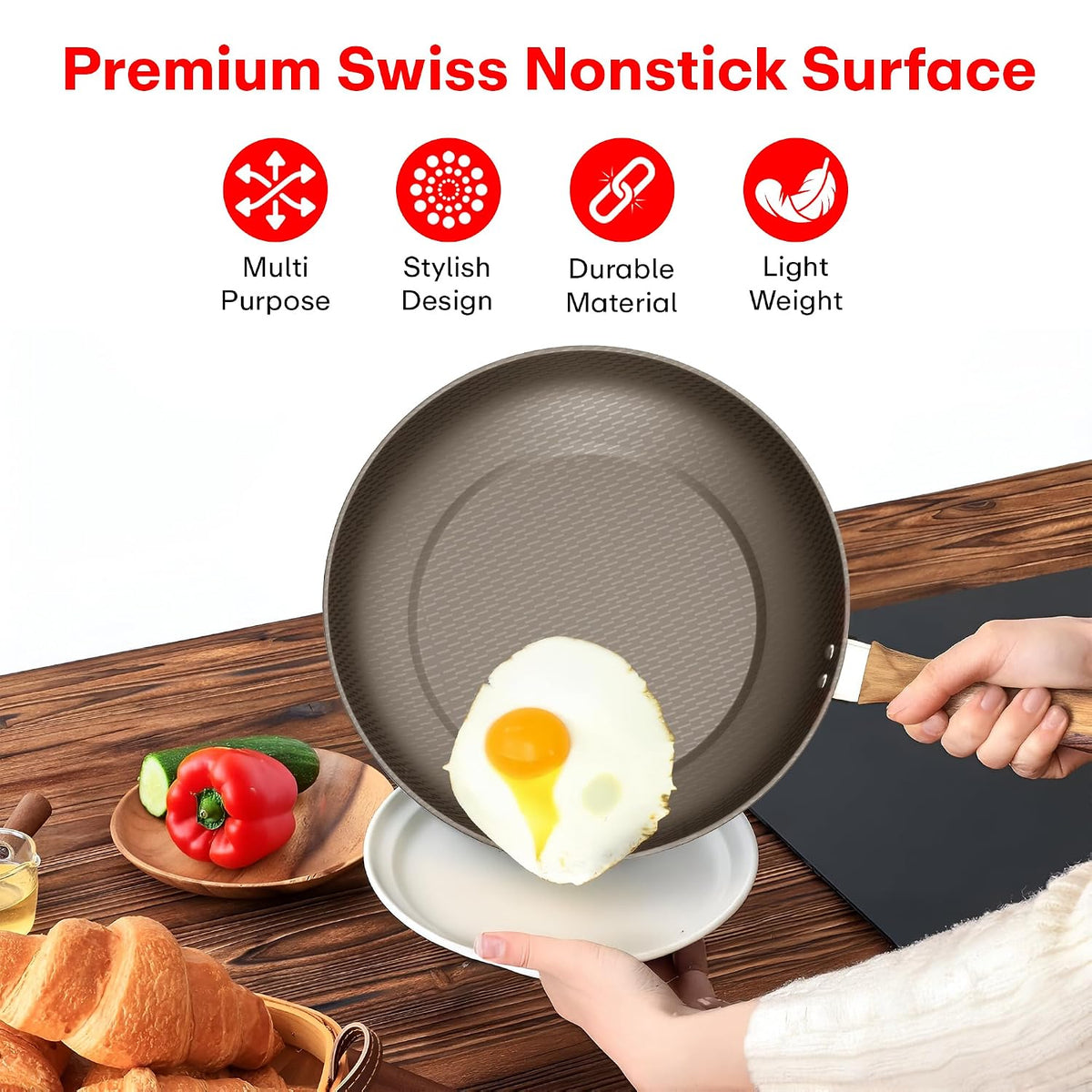 Rioware Non-Stick Maifan Frying Pan (3L) | 5-Layer Non-Stick Coating | Induction, Ceramic, Electric & Gas Compatible | Dishwasher Safe |Multipurpose Pan for Eggs, Stir-Fry