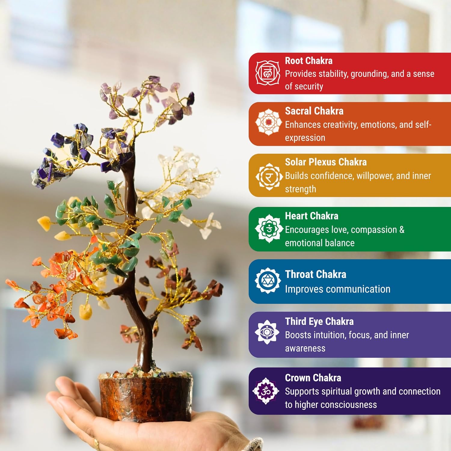 Natural (300 beads) 7 Chakra Tree of Life Crystal Tree for Positive Energy & Healing – Feng Shui Home & Office Decor | Meditation & Reiki Crystal | Housewarming & Birthday Gift
