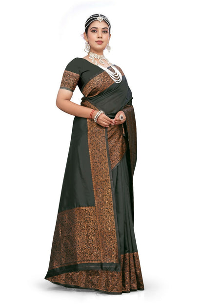 AXONIT Luxury Royal Black Silk Saree with Heavy Copper Zari Border