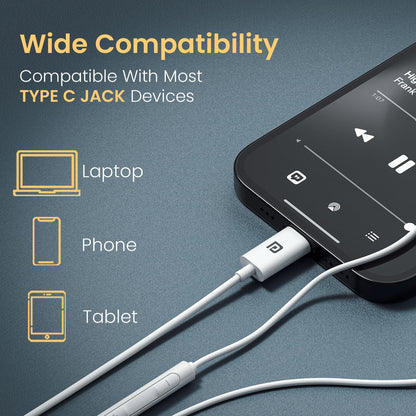 Portronics Conch Kappa C in Ear Type C Wired Earphones with In Line HD Mic, Powerful Audio, 14.2mm Dynamic Driver,TPE Anti Tangle Wire,Wide Compatibility(White)