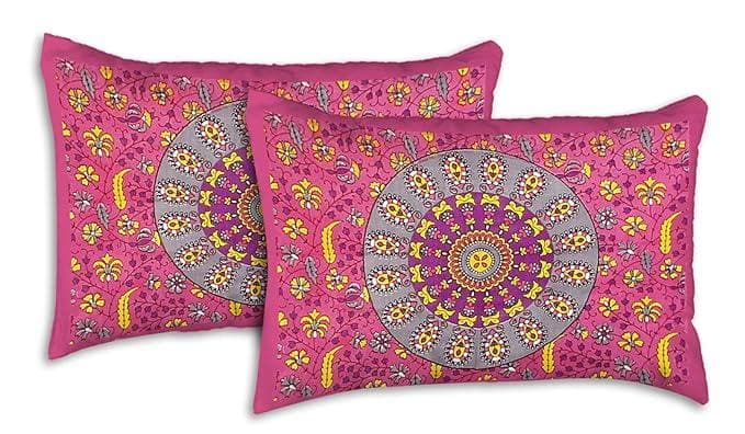 Jaipuri Printed Queen Size Bedsheet/Bed Cover with Two Pillow Covers (Pink, multi designed) - HalfPe