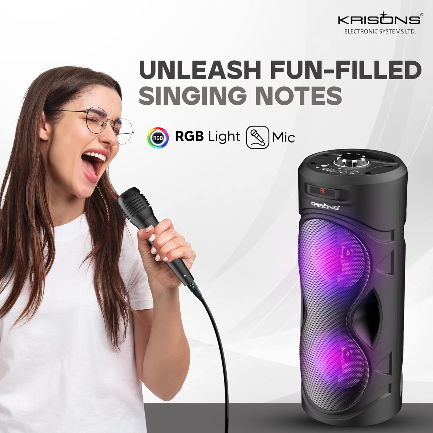 Krisons Cylinder 30W Double Woofer Multimedia Bluetooth Party Tower Speaker with Wired Mic, RGB Lights, USB, SD Card & FM Radio – Black