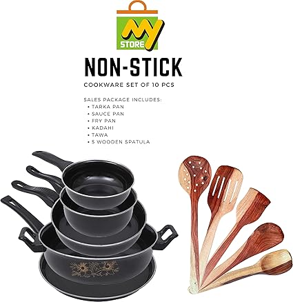 MY STORE Seasoned 10-Piece Non-Stick Iron Cookware Set – Tawa | Kadhai | Fry Pan | Sauce Pan | Tadka Pan with Wooden Spatulas – Professional Kitchenware for Home, Outdoor Camping
