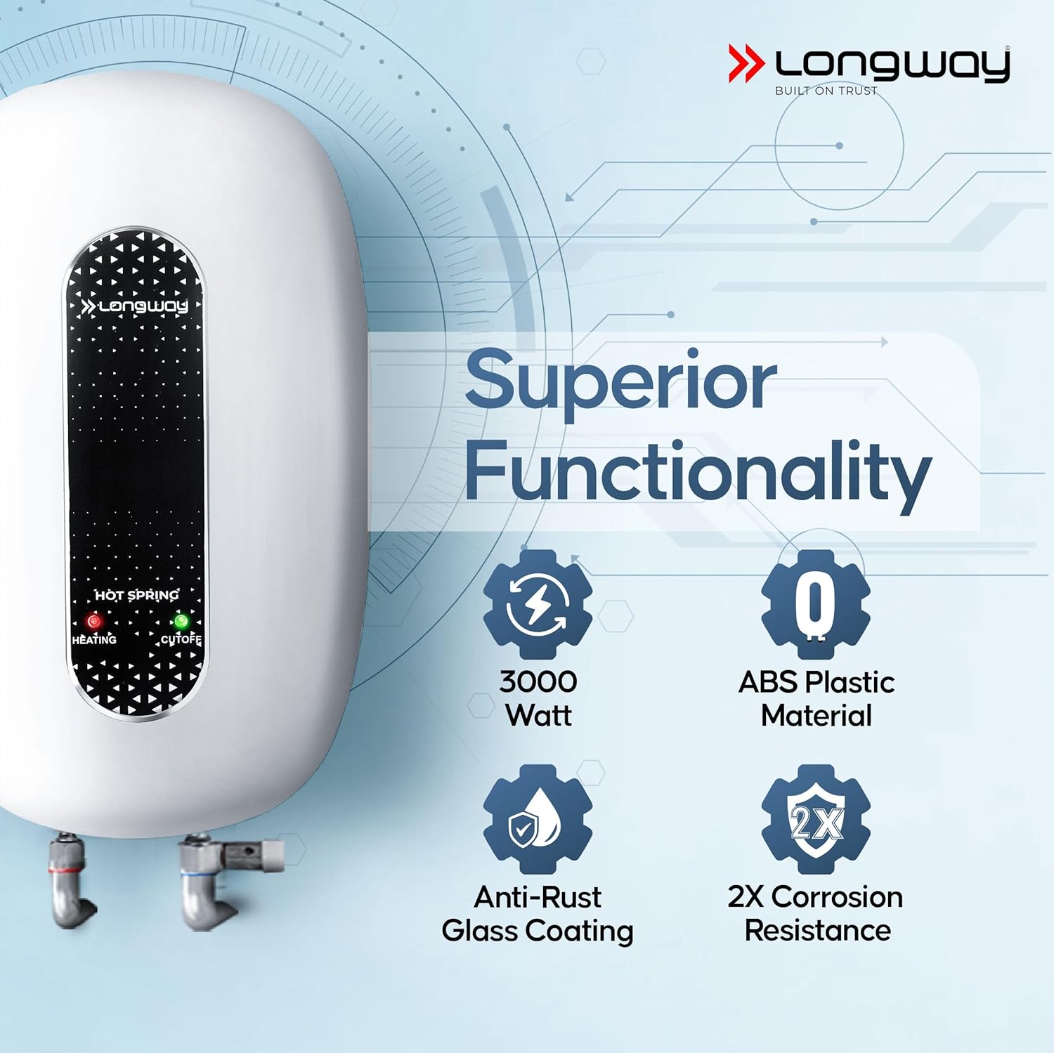 Longway Hotspring Automatic Instant Water Heater with Multiple Safety System & Rust-Proof ABS Body (White, 3 Ltr)