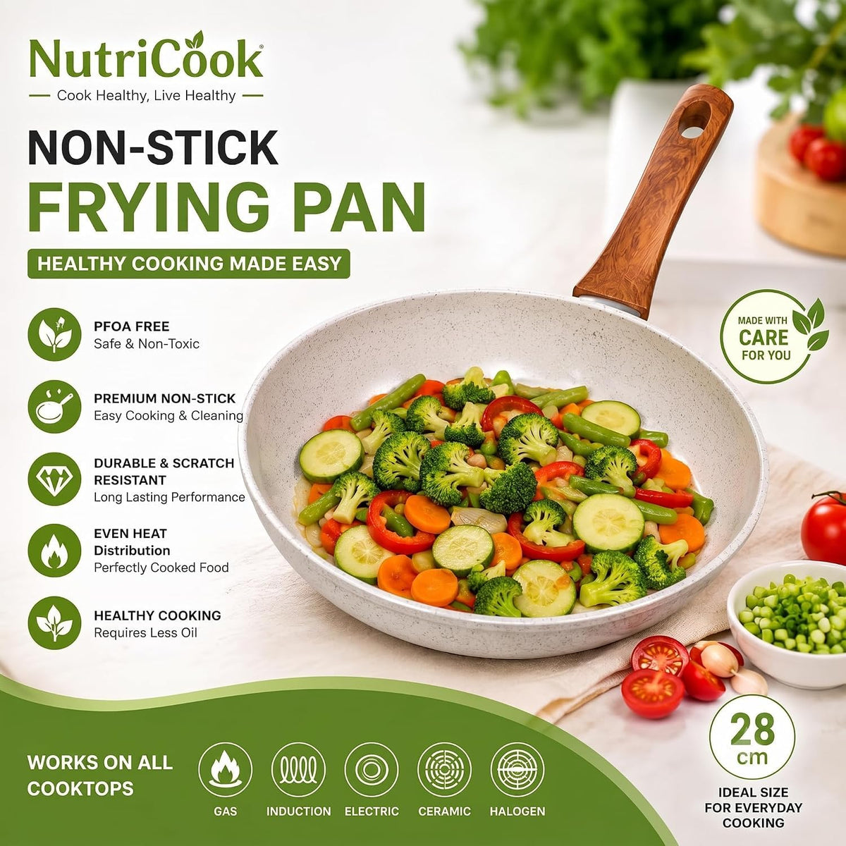 Rioware Non-Stick Maifan Frying Pan (3L) | 5-Layer Non-Stick Coating | Induction, Ceramic, Electric & Gas Compatible | Dishwasher Safe |Multipurpose Pan for Eggs, Stir-Fry (24CM, Maifan Frypan White)