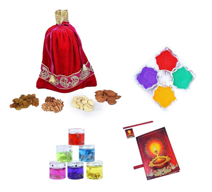 MANTOUSS Premium Diwali Dry Fruit Potli-Cashew,Almond,Walnut and Raisin (100gms Each),400 GMS+ 2 Gel Filled Glass Candle, Diwali Greeting Card and Rangoli Colours - HalfPe