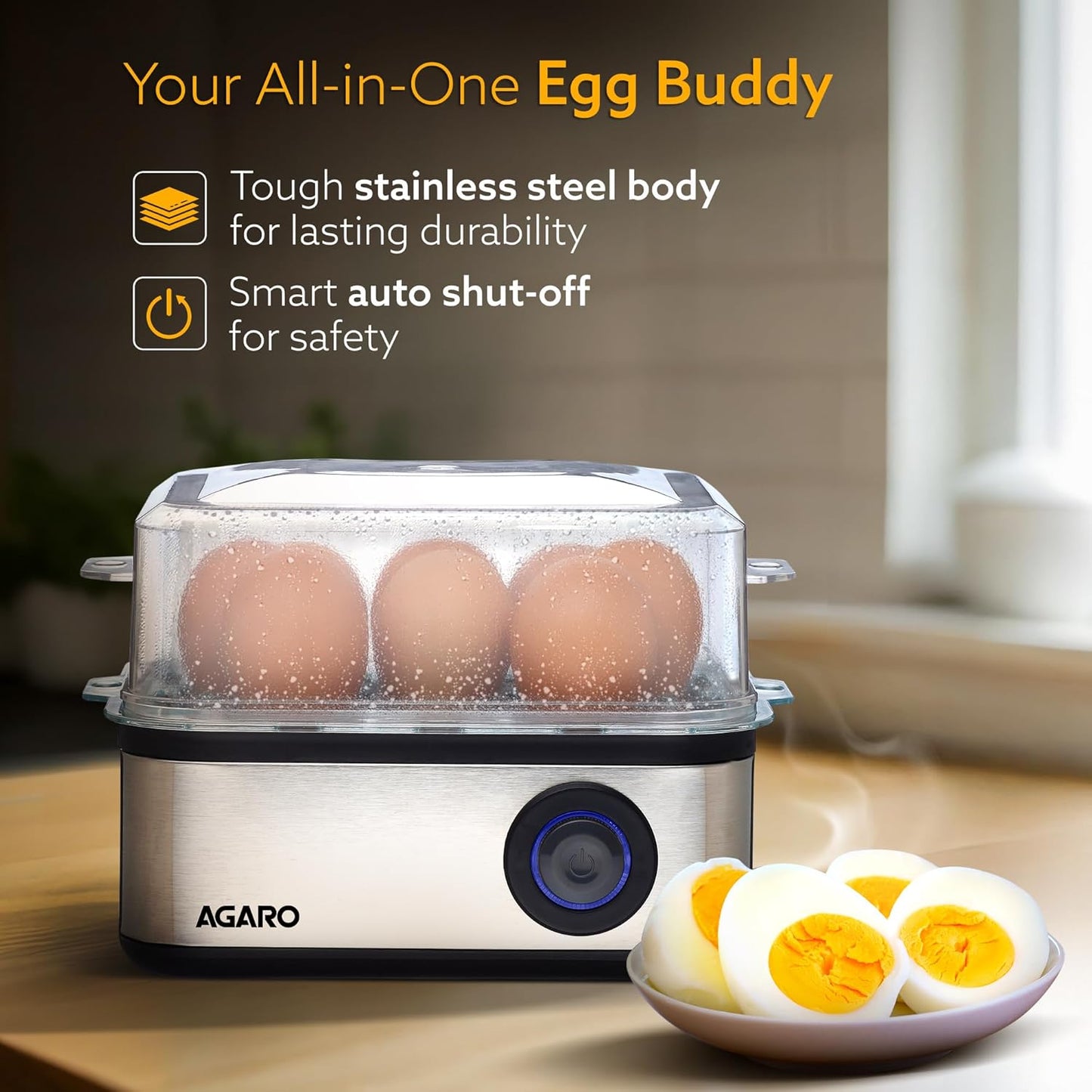 AGARO Stainless Steel Egg Boiler with 8 Egg Capacity with Poaching & Steaming Function (500W)