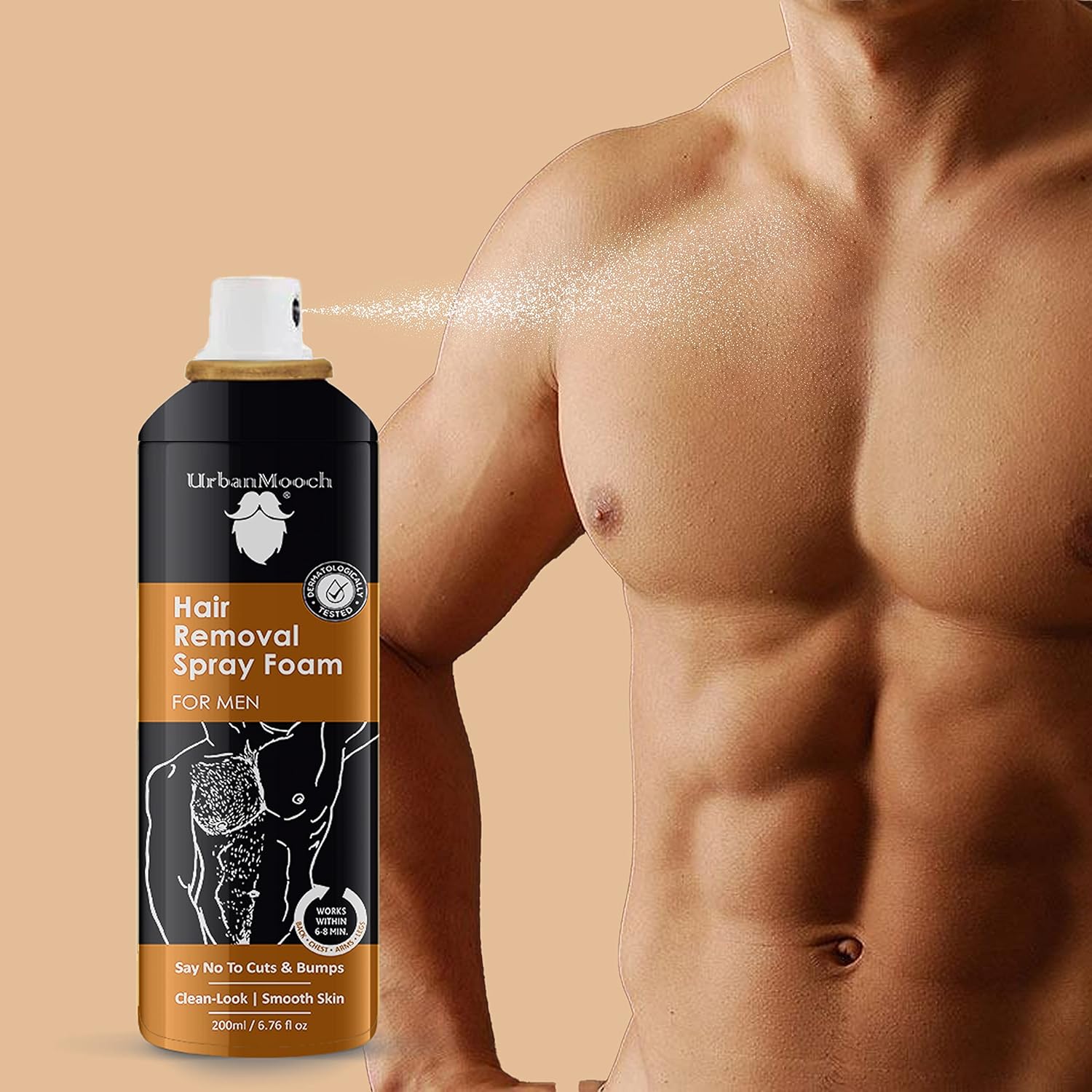 UrbanMooch Hair Removal Cream Spray for Men | Painless Hair Removal Cream Spray For Chest, Arms, Legs & Under Arms | Wipe Off Hair Removal Spray For Men, 200ml Lohiya Retails
