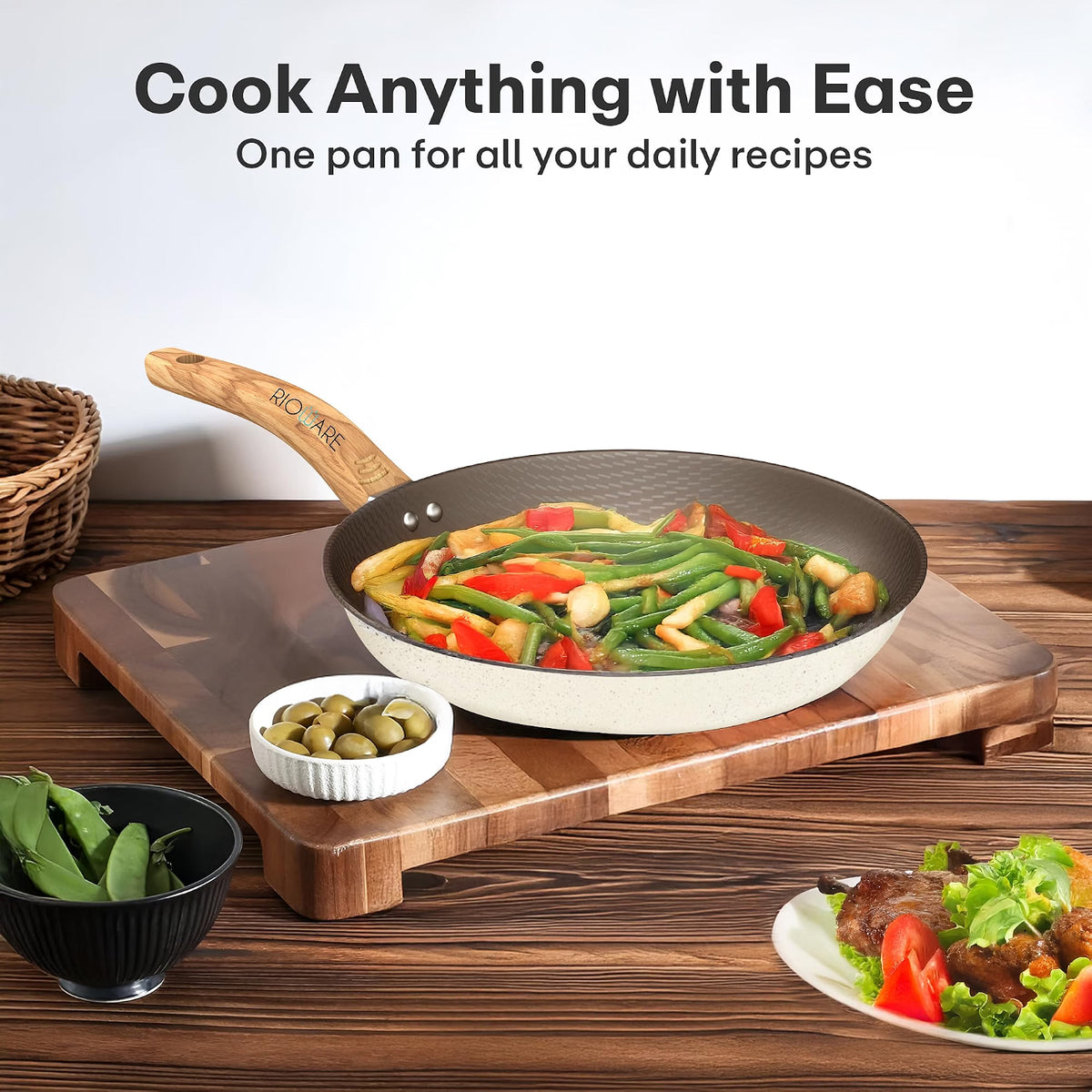 Rioware Non-Stick Maifan Frying Pan (3L) | 5-Layer Non-Stick Coating | Induction, Ceramic, Electric & Gas Compatible | Dishwasher Safe |Multipurpose Pan for Eggs, Stir-Fry (28CM, Maifan Frypan Black)