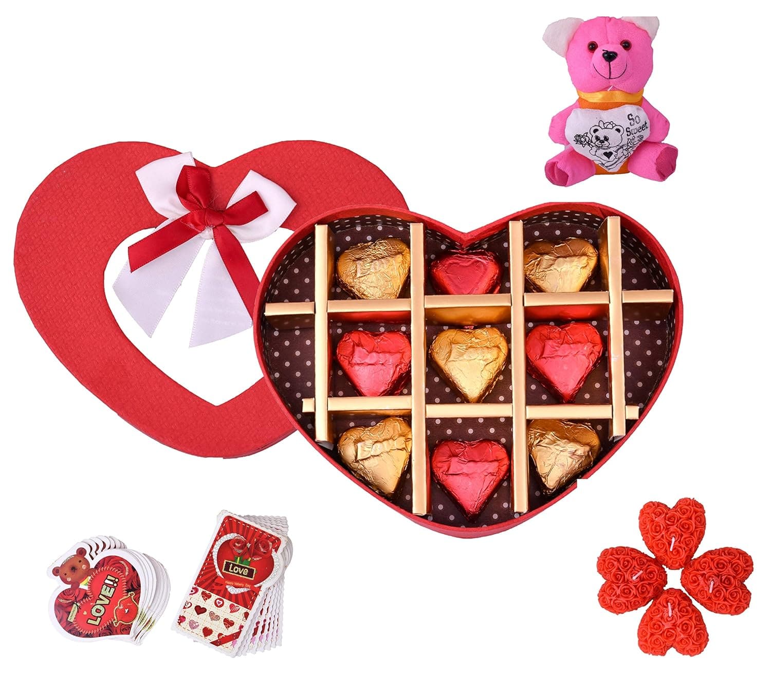 MANTOUSS Valentines Gift for Girlfriend Combo-Heart Shaped Chocolate Box+Valentines Day Greeting Card + Heart Shaped Love Candle+Cute Teddy Bear - HalfPe