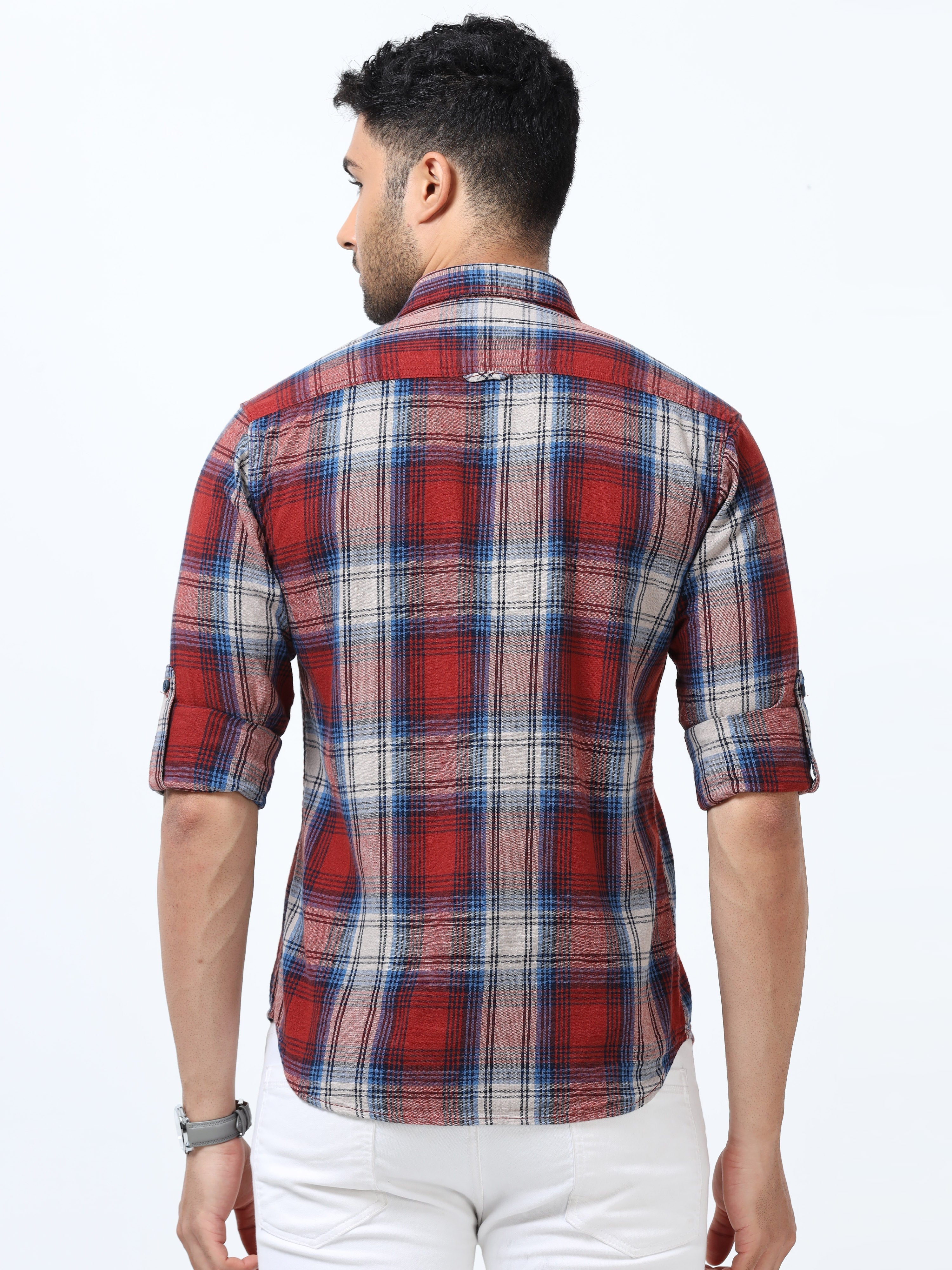 Men Blue & Red Slim Fit Checks Full Sleeve Casual Shirt