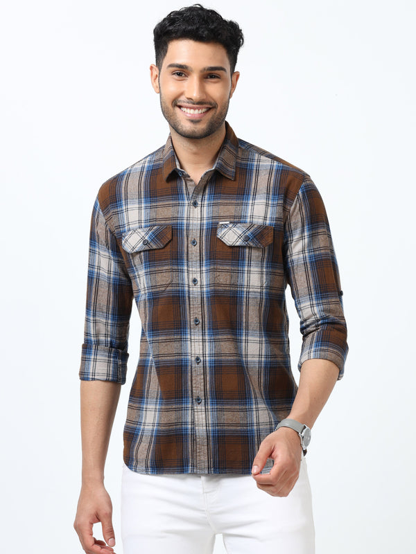 Men Blue & Mustard Slim Fit Checks Full Sleeve Casual Shirt