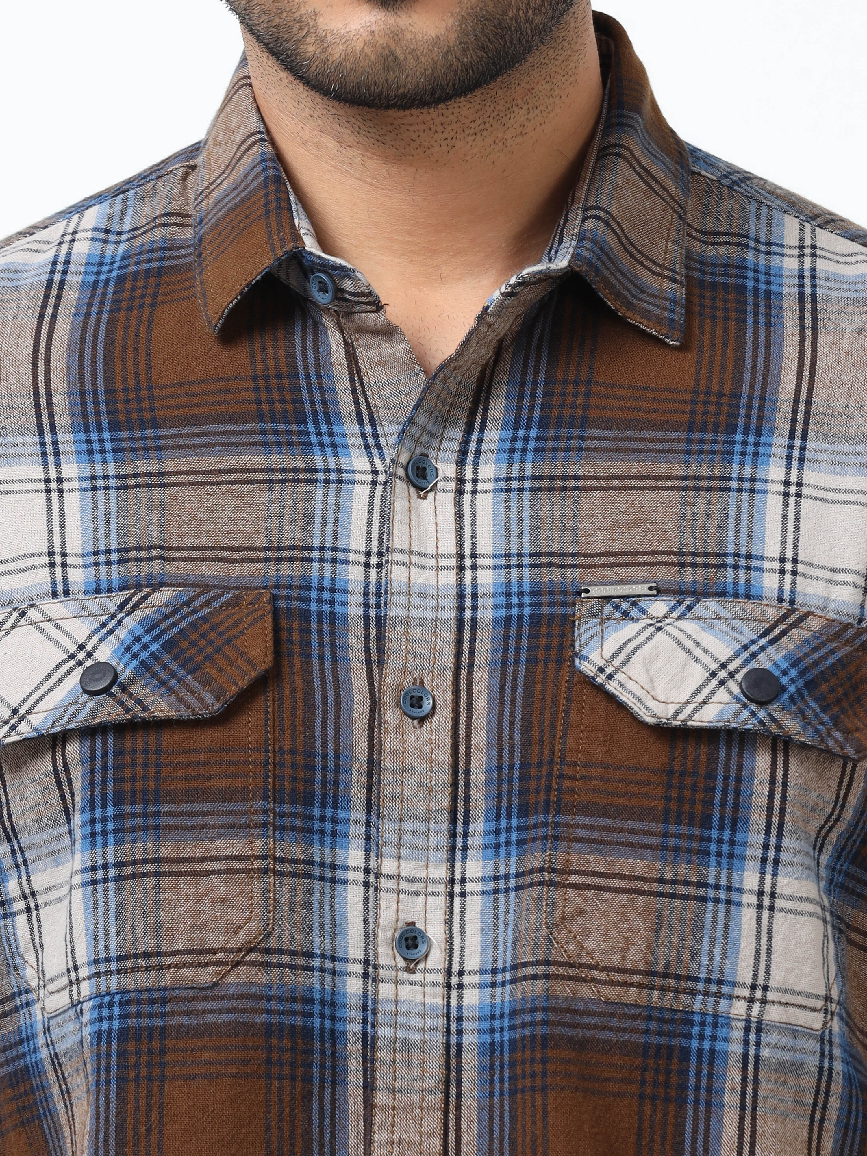Men Blue & Mustard Slim Fit Checks Full Sleeve Casual Shirt
