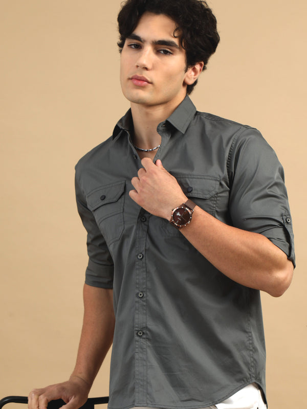 Men Dark Grey Slim Fit Solid Full Sleeve Casual Shirt