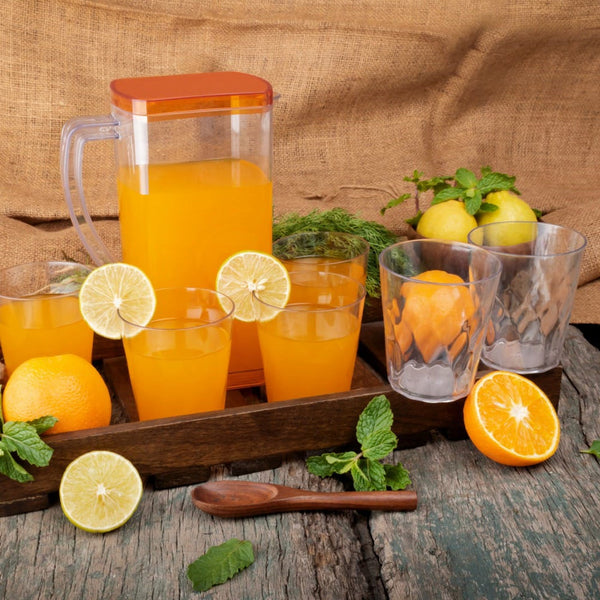 Premium Multi Purpose Square Water & Juice Jug (2000 ml) with Plastic Lid and 6 pieces Glasses (300 ml) (Transparent Color)