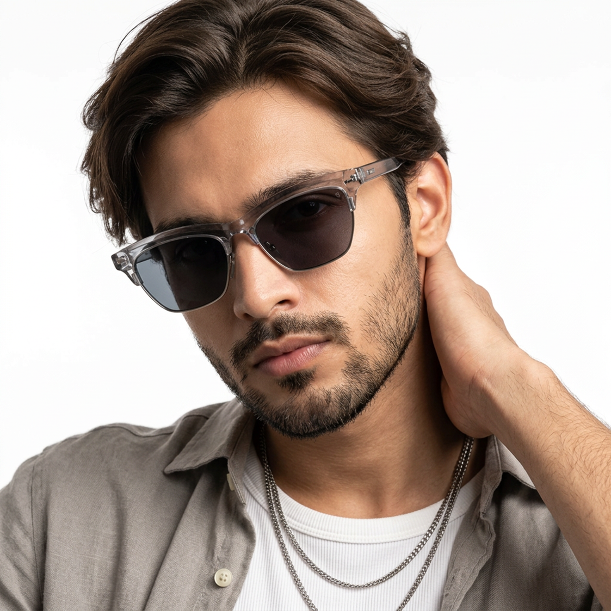 Eyejack Grey Cateye Sunglasses for Men and Women - Style 1250 - worn by a male model (image 1)