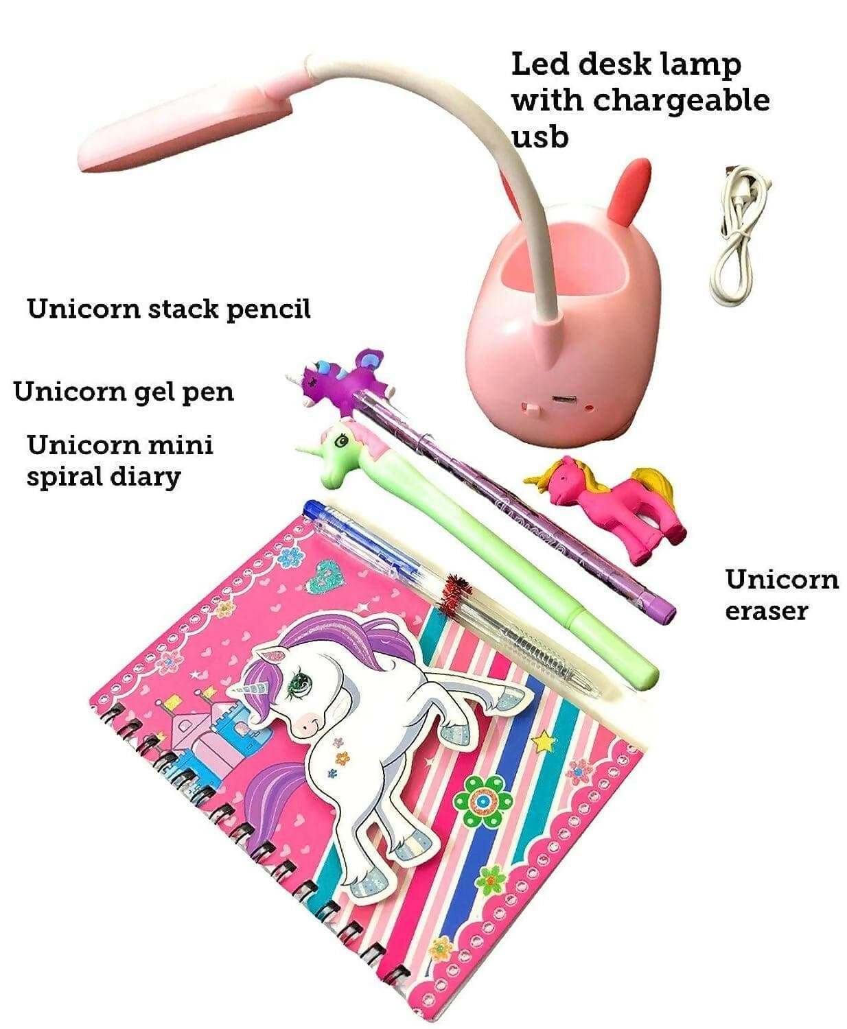 Unicorn Theme Led Desk Lamp , Stack Pencil , Gel Pen , Mini Spiral Diary - HalfPe