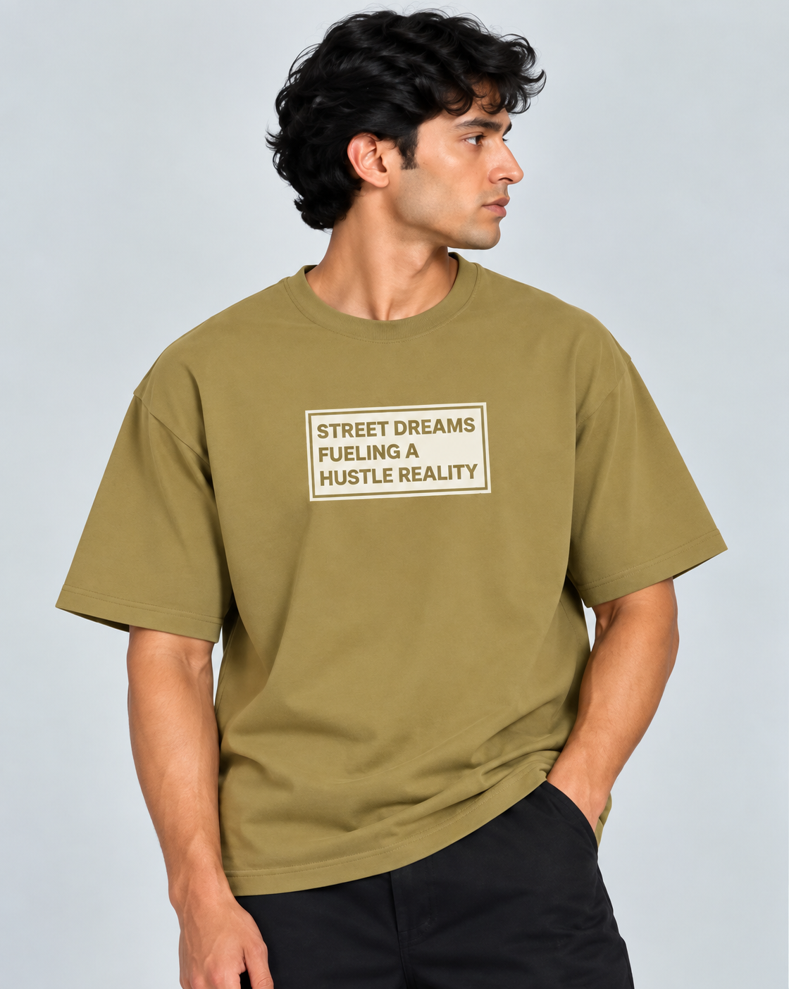 HUSTLE Men's Crew Neck Oversized T-Shirt – Khaki Olive