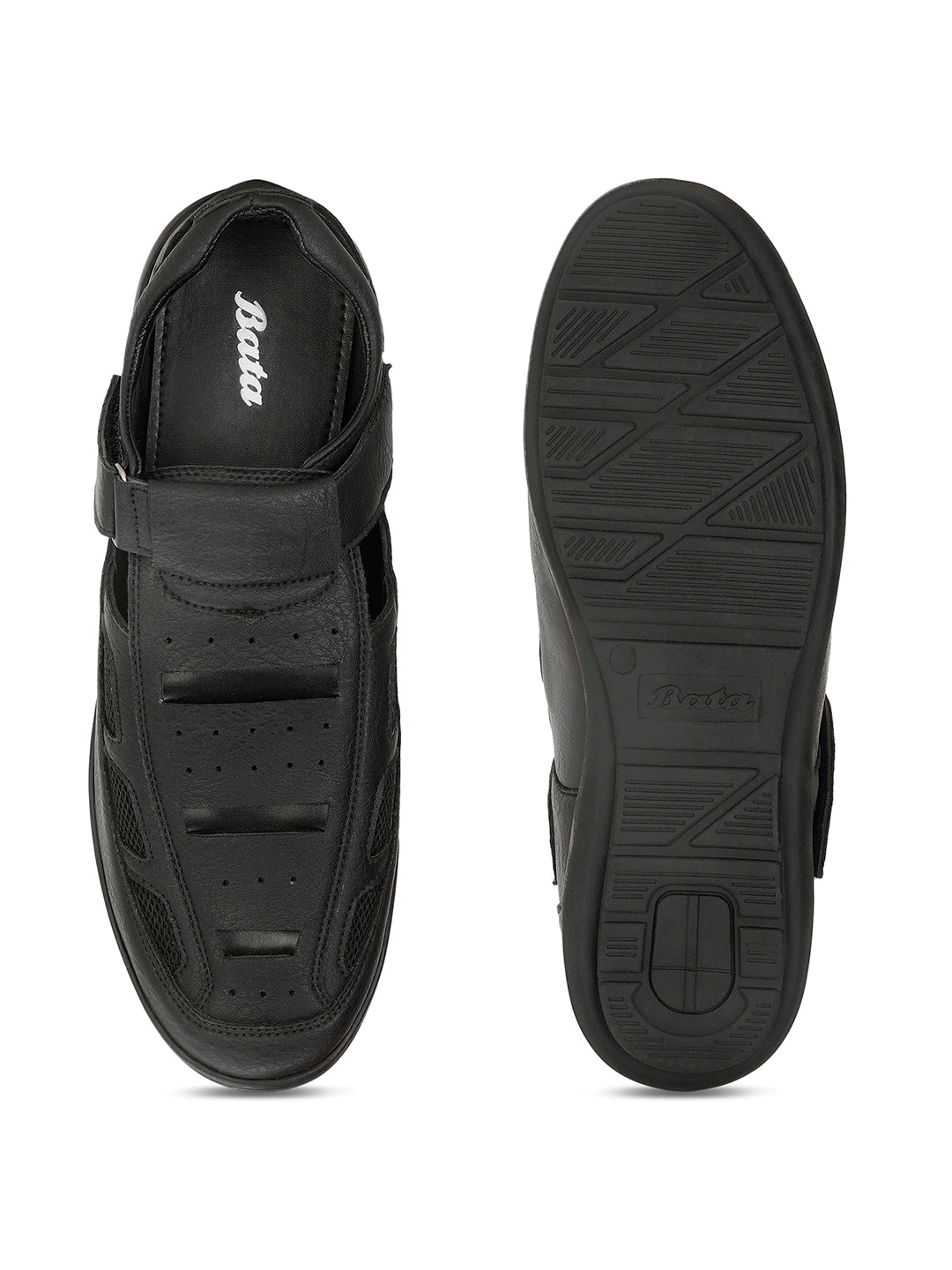 Bata Men's Black Shoe-Style Sandals with Velcro Closure - Black