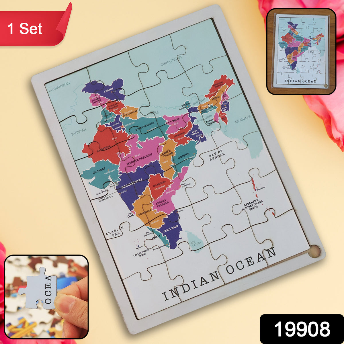 Educational Wooden India Map Puzzle – States & Union Territories Labeled Learning Tray for Kids- (1 Set)