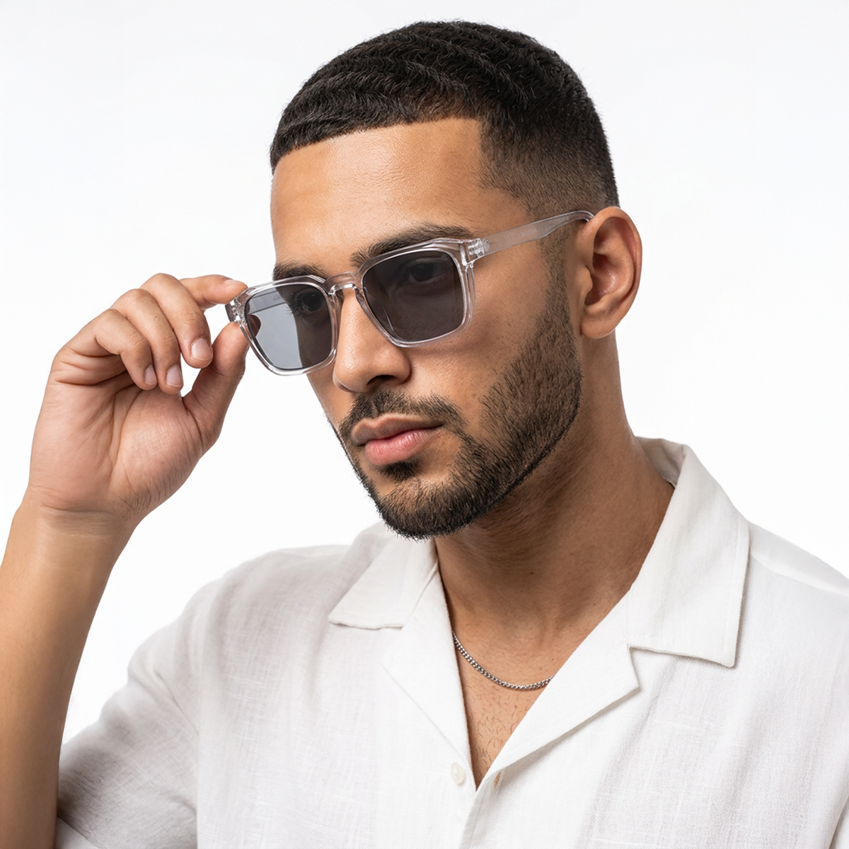 Eyejack Transparent Grey Square Sunglasses for Men and Women - Style L548 - worn by a male model (image 1)
