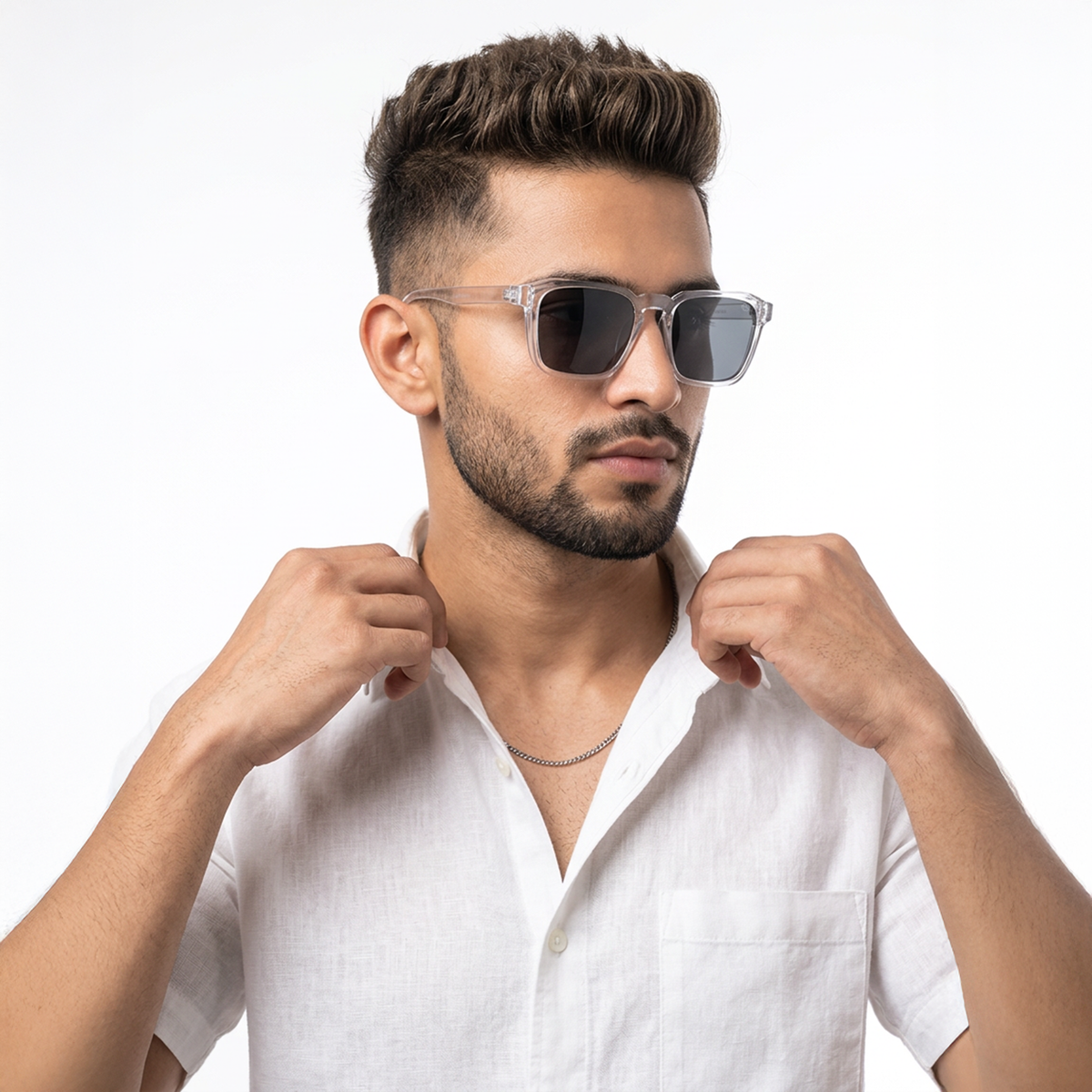 Eyejack Transparent Square Sunglasses for Men and Women - Style L549 - worn by a male model (image 1)