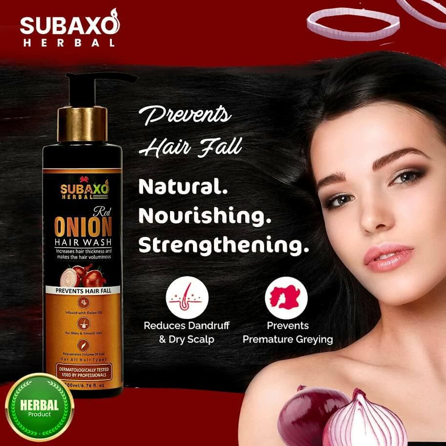 Subaxo Herbal Red Onion Hair Wash- Onion Shampoo Prevents Hair Fall Makes Hair Silkier & Stronger Herbal Shampoo for Women & Men (200ml) - HalfPe